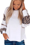 Sequins Patchwork Leopard Print White Crew Collar Long Sleeve Top