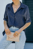 Blue Leopard Jacquard Short Sleeve Satin Blouse