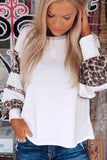 Sequins Patchwork Leopard Print White Crew Collar Long Sleeve Top