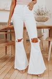 White Distressed Hollow-out Knee Frayed Flare Jeans