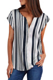 V Neck Stripes Roll up Short Sleeve Zip Up Blouse
