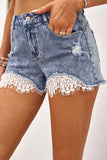 Lace Rhinestone Decor Frayed Hem Denim Shorts