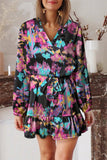 Abstract Print Ruffled Drawstring High Waist Mini Dress