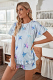 Star Print Ruffled Short Sleeve Tee and Drawstring Shorts Lounge Se