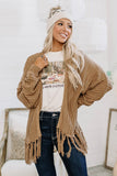 Khaki Fringe Open Front Knit Cardigan