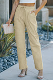 Khaki Drawstring Elastic Waist Pockets Long Straight Legs Pants