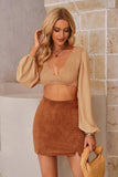Shirred Open Back Deep V Neck Long Sleeve Crop Top