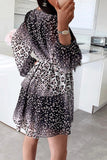 Leopard Buttoned Tie Waist Ruffle Puff Sleeve Mini Dress