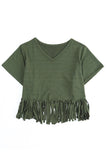 Green Fringe Hem V Neck T Shirt