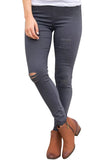Burgundy Distressed Front Stretch Denim Pants