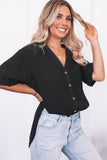 Beige Loose V Neck Button Short Sleeve Shirt