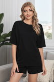 Khaki Crew Neck Short Sleeve Ribbed Lounge Set