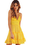 Spaghetti Straps V Neck Lace Bodice Ruffled Mini Dress