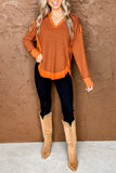 Waffle Knit Patchwork V Neck Long Sleeve Top