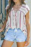 Striped Print Loose V Neck Short Sleeve Top