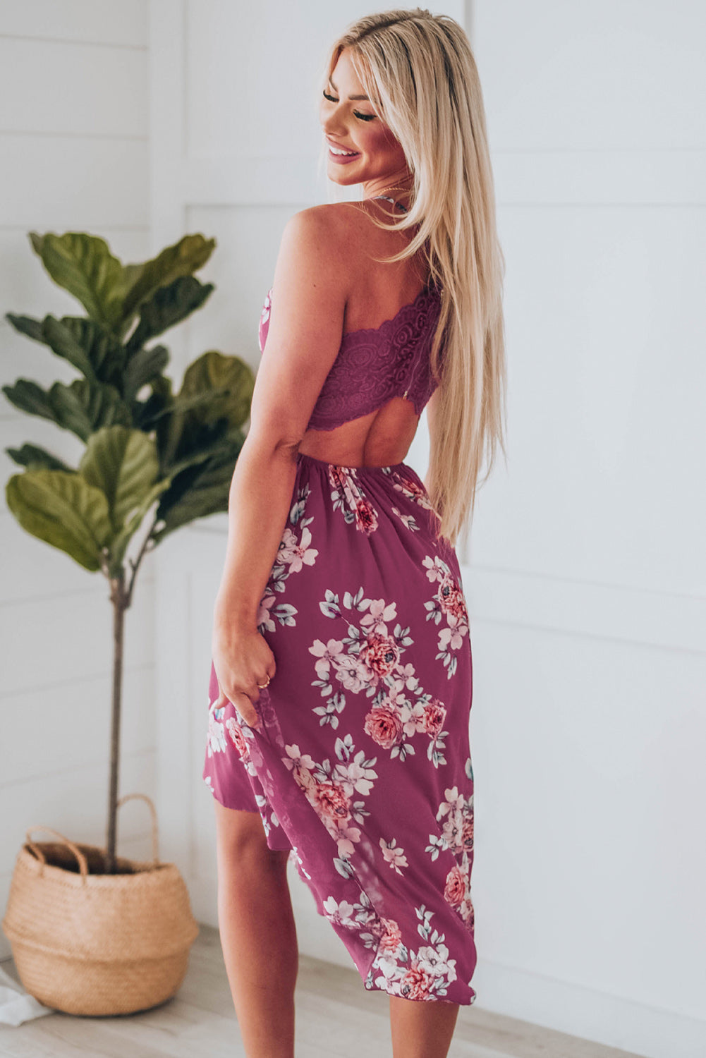 Burgundy Floral High-low Dress with Lace Back