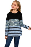 Camo Striped Color Block Girl's Crewneck Long Sleeve Top