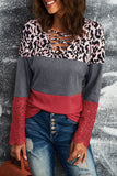 Red Lace Splicing Hollow-out Leopard Color Block Top