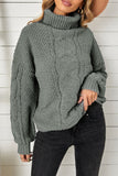 Khaki Solid Turtleneck Cable Knit Pullover Sweater