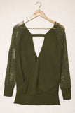 Sexy V Neck Surplice Hollow-out Sweater with Lace Sleeves