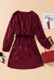 Wine Red Loose Long Sleeve Sequin Dress with Sash