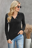 Wine V-neck Button Solid Color Long Sleeve Top