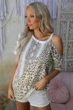 Snakeskin Leopard Color Block Cold Shoulder Short Sleeve T-shirt