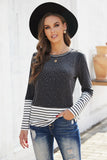 Rhinestone Beading Striped Patchwork Long Sleeve Top