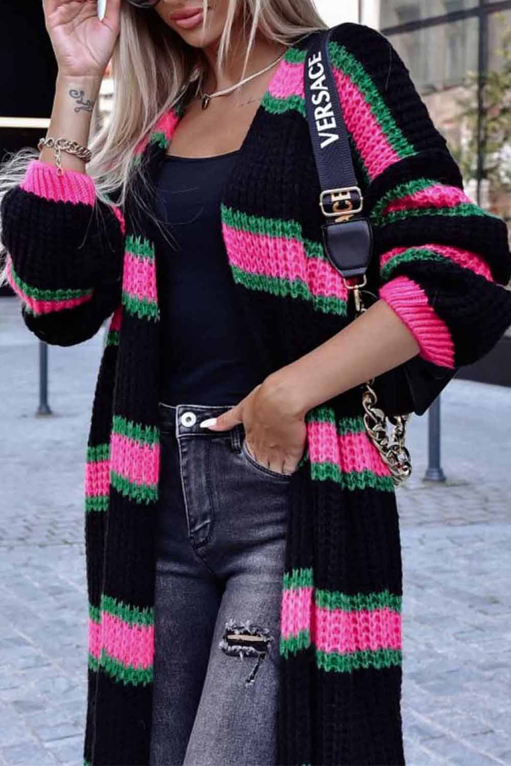 Drop Shoulder Color Block Knitted Duster Cardigan
