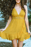 Yellow Lace Splicing Criss Cross Lace-up V Neck Cami Dress