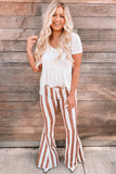 Brown Striped Fringe Bell Bottom Denim Pants