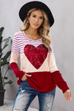 Heart Sequins Striped Long Sleeve Top