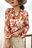 Frilled Split Neckline Abstract Floral Blouse