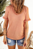 Pink Solid Textured Frill Short Sleeve V Neck T-shirt