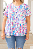 Vibrant Botanical Print Frill Short Sleeve Plus Size Top