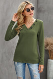 Wine V-neck Button Solid Color Long Sleeve Top