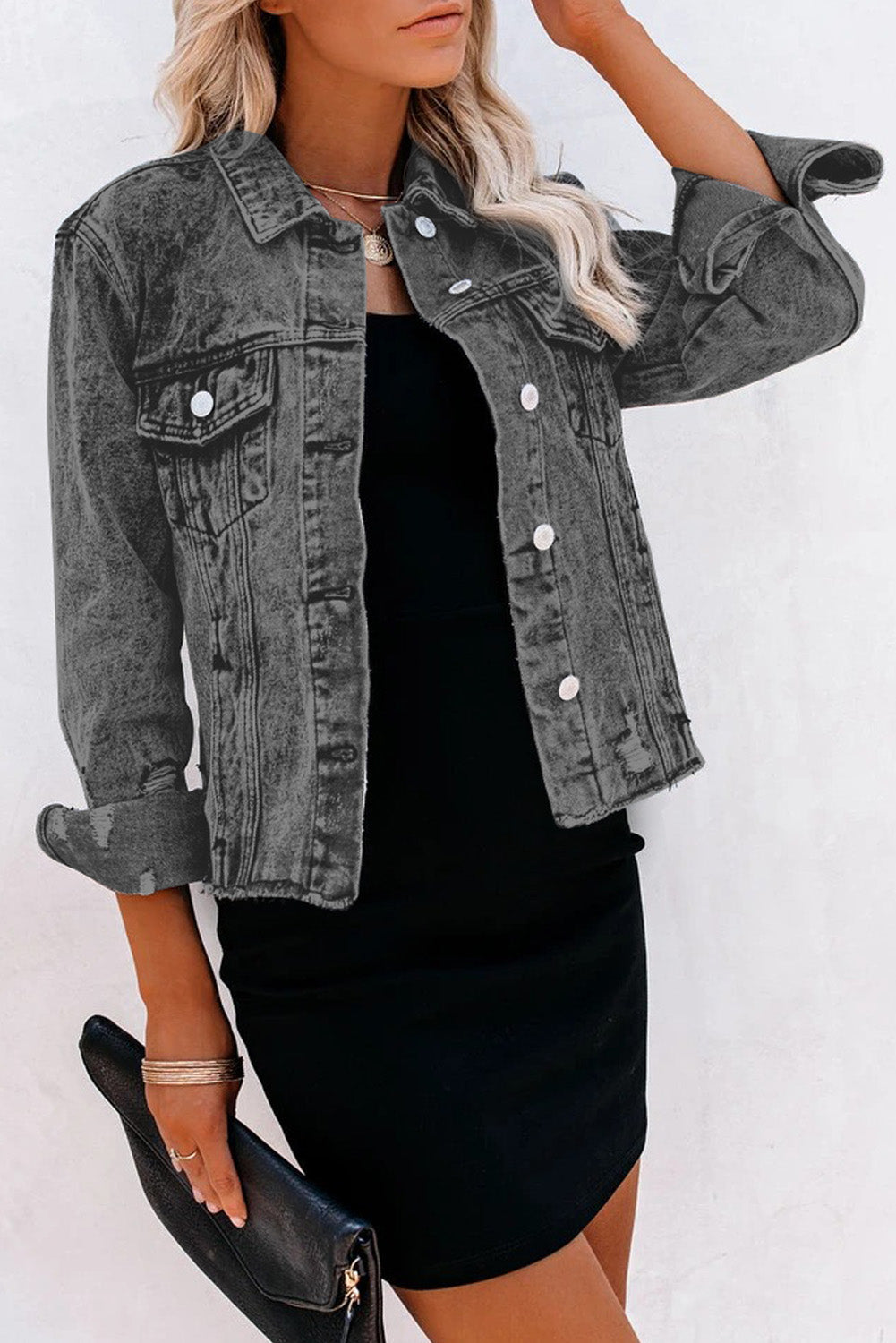 Turn Down Collar Buttons Cut-out Denim Jacket
