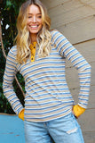 Striped Knit Button Neck Long Sleeve Top