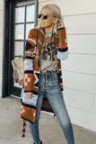 Multicolor Ethnic Style Knee Length Open Front Cardigan