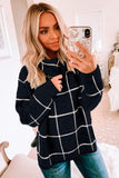 Beige Grid Pattern Turtleneck Sweater