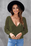 Sexy V Neck Surplice Hollow-out Sweater with Lace Sleeves