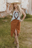 Brown Fringe Wrap Western Midi Skirt