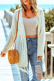 Beige Tasseled Hollow-out Cable Knit Cardigan