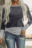 Rhinestone Beading Striped Patchwork Long Sleeve Top