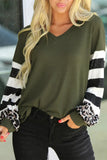 V Neck Leopard Stripe Splice Lantern Sleeve Top