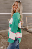 Striped Color Block Knitted Buttoned V Neck Sweater