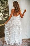 White Applique Gauze High Slit Lining Maxi Dress