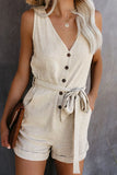 Button V Neck Romper with Belt