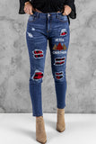 Christmas Tree Print Plaid Patch Destroyed Skinny Jeans