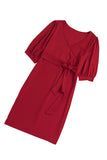 Plus Size Puff Sleeve Wrap V Neck Midi Dress